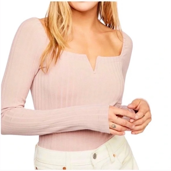 Free People After Party Mauve Ribbed Long Sleeve Sweetheart Neckline Top Large - Picture 1 of 6